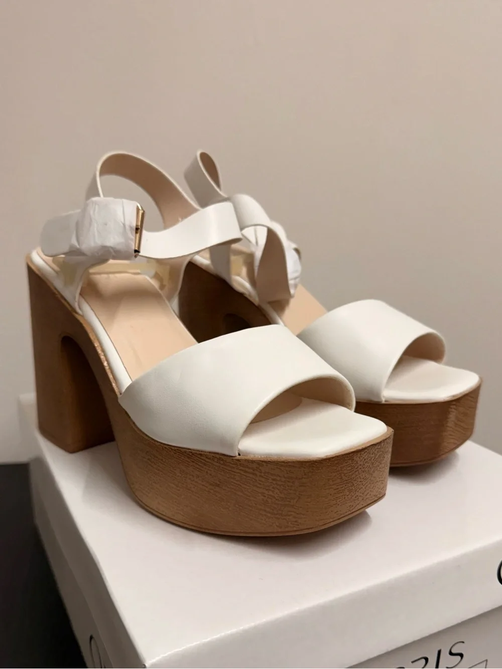 White Platform Block Heel Sandal with Ankle Strap - Picture 2 of 9